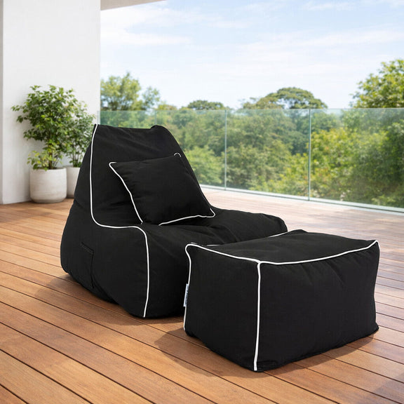 Copacabana bean. bag chair with ottoman and outdoor cushion on a deck