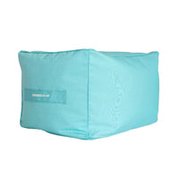 capri blue bean bag ottoman with a brand label on a white background