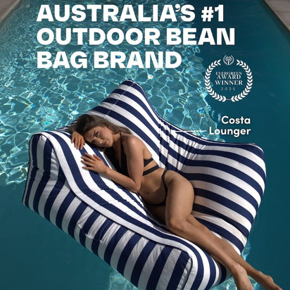 Woman lounging on a striped floating bean bag in a pool, with text about being Australia's #1 outdoor bean bag brand.